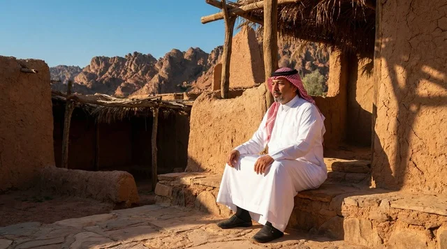 Saudi Man in Traditional Thobe at Desert Mud Village