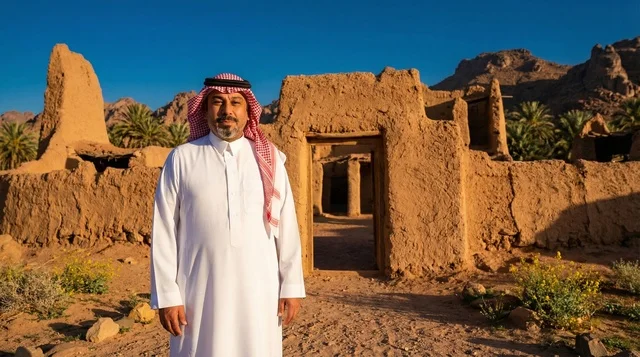 Saudi Man in Traditional Dress at Historical Ruins Saudi Man in Traditional Dress at Historical Ruins
