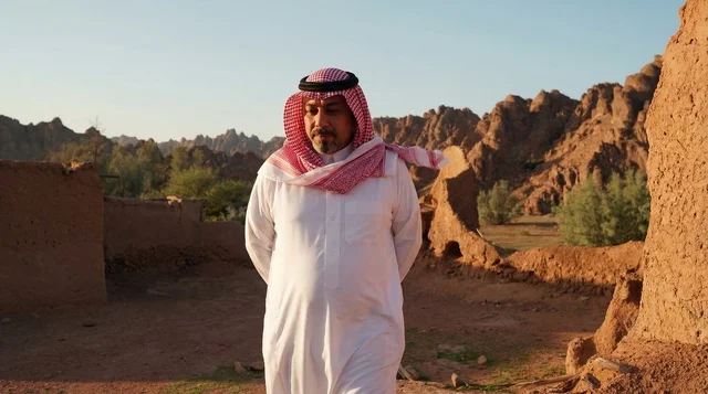 رجل سعودي بالزي التقليدي في موقع تراثي صحراوي