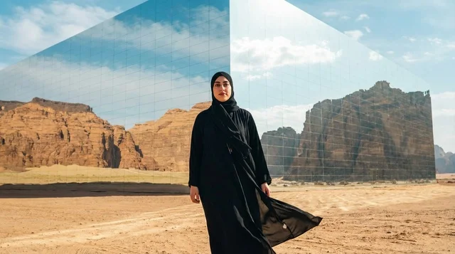 امرأة سعودية أمام قاعة مرايا في العلا