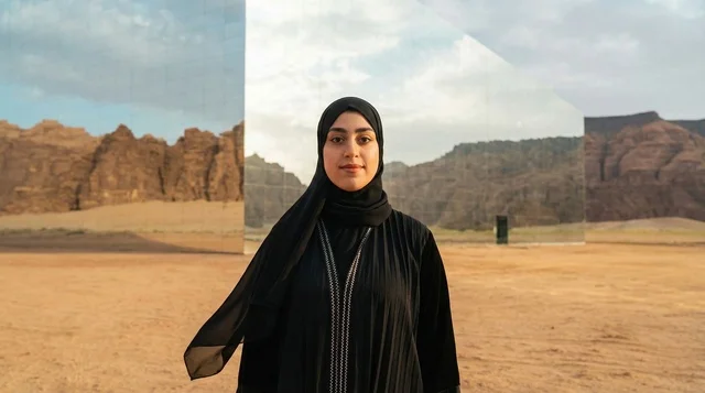 امرأة سعودية أمام قاعة مرايا في صحراء العلا