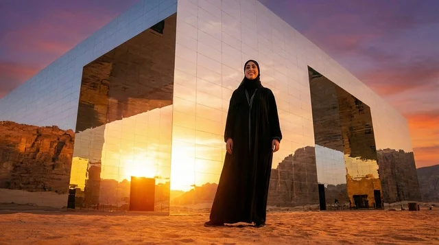 امرأة سعودية أمام قاعة مرايا بالعلا وقت الغروب