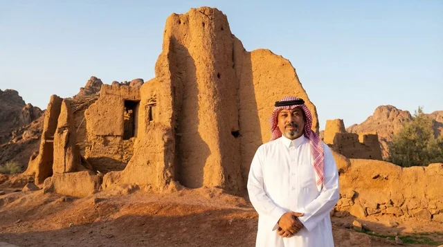 Saudi Man in Traditional Dress at Ancient Heritage Site Saudi Man in Traditional Dress at Ancient Heritage Site