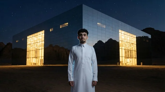 شاب سعودي أمام قاعة مرايا في العلا ليلاً شاب سعودي أمام قاعة مرايا في العلا ليلاً