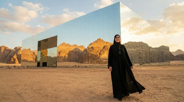 امرأة سعودية أمام مبنى مرايا العلا وقت الغروب