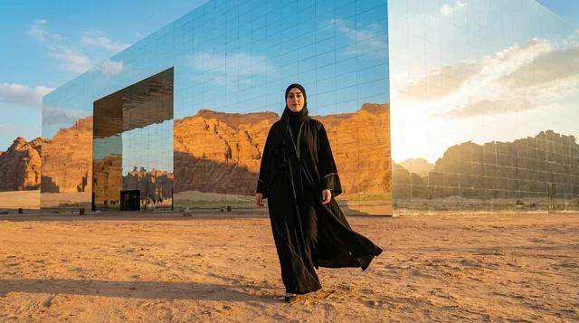 امرأة سعودية أمام مبنى مرايا في العلا وقت الغروب