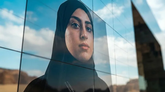انعكاس امرأة سعودية في مبنى مرايا الزجاجي بصحراء العلا