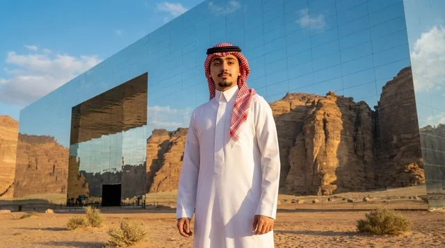 رجل سعودي بالزي التقليدي أمام قاعة مرايا بالعلا