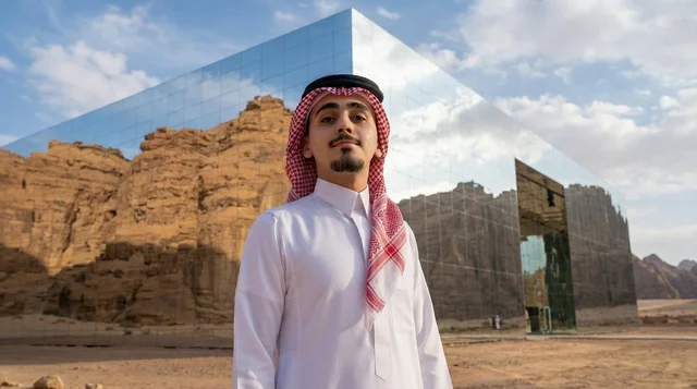 رجل سعودي أمام قاعة مرايا في العلا