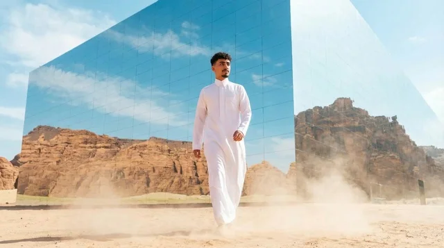 رجل سعودي أمام مبنى مرايا في صحراء العلا
