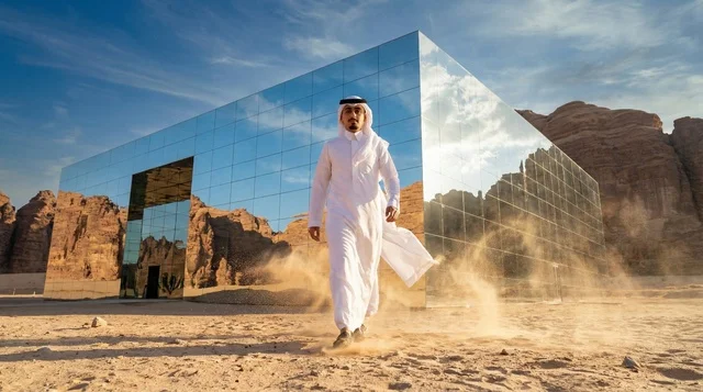 رجل سعودي أمام قاعة مرايا في صحراء العلا