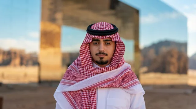 شاب سعودي أمام مبنى مرايا في العلا