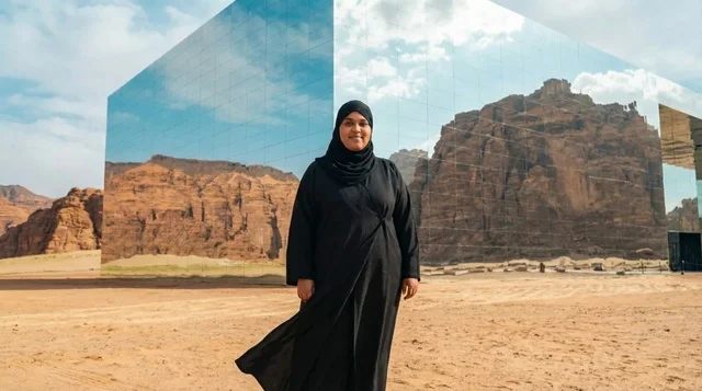 امرأة سعودية أمام مبنى مرايا في العلا