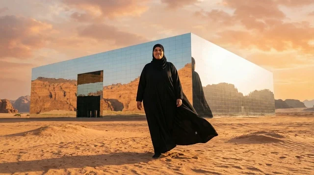 امرأة سعودية في قاعة مرايا بالعلا وقت الغروب