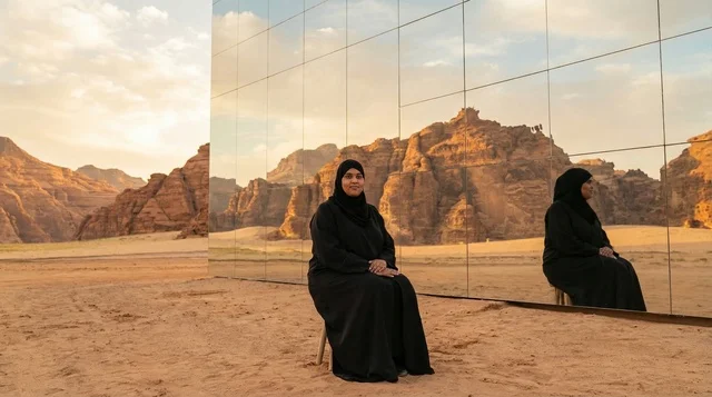 امرأة سعودية في قاعة مرايا بالعلا وقت الغروب