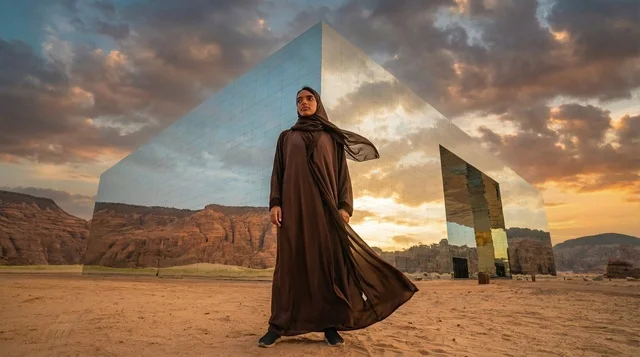 امرأة سعودية في قاعة مرايا العلا وقت الغروب