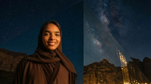 Saudi Woman in Abaya Under Starry Night Sky