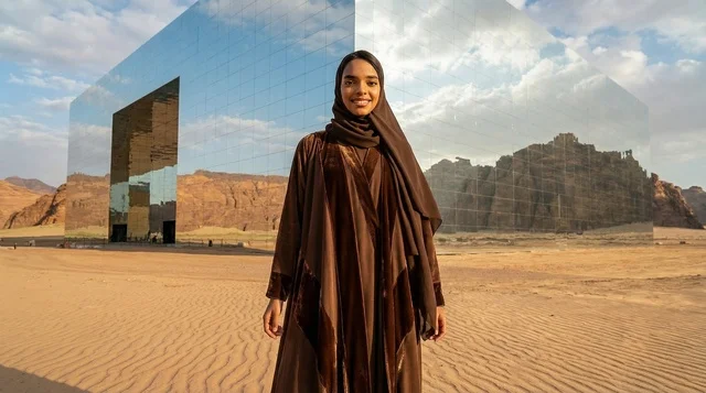 امرأة سعودية أمام مبنى مرايا في صحراء العلا
