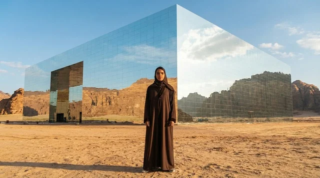 امرأة سعودية أمام قاعة مرايا في العلا صحراء