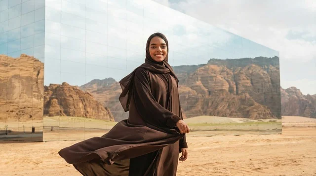 امرأة سعودية أمام قاعة مرايا في العلا