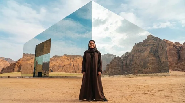امرأة سعودية أمام مبنى مرايا في العلا