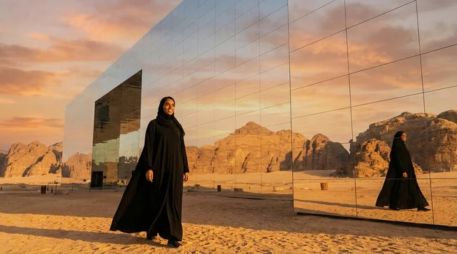 امرأة سعودية أمام مبنى مرايا في العلا وقت الغروب