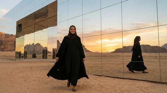 امرأة سعودية أمام قاعة مرايا في العلا وقت الغروب