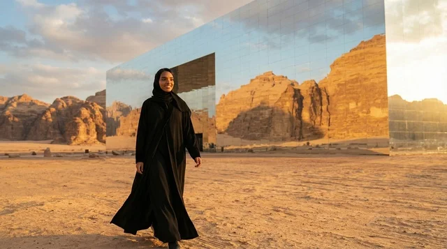 Saudi Woman at Maraya Hall AlUla Desert Reflection