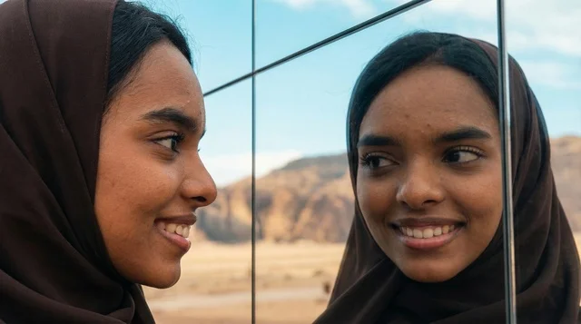 Saudi Woman at AlUla Mirror Wall in Desert Sunlight