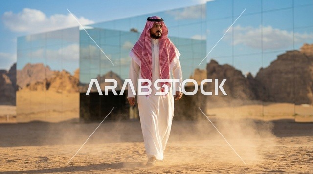 رجل سعودي بالثوب التقليدي يسير بجانب مبنى مرايا في الصحراء