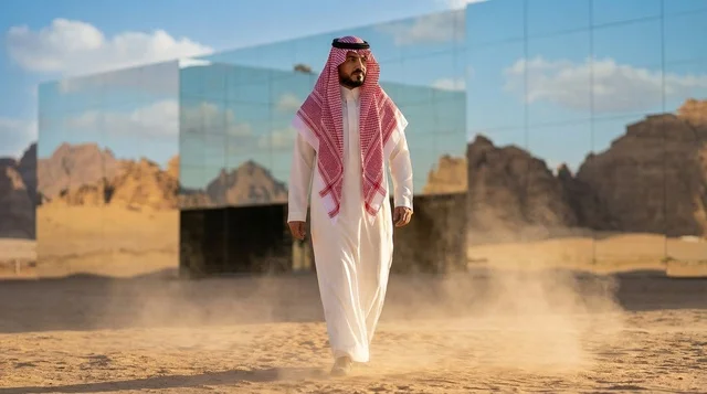 Saudi Man in Thobe Walking by Mirrored Desert Building