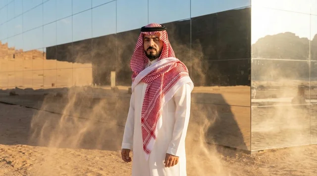 Saudi Man in Traditional Dress at Mirrored Building