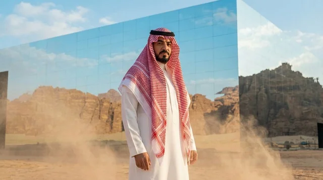 رجل سعودي أمام قاعة مرايا في العلا