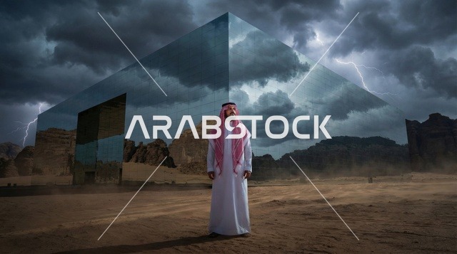 رجل سعودي أمام مبنى هرمي عاكس في الصحراء