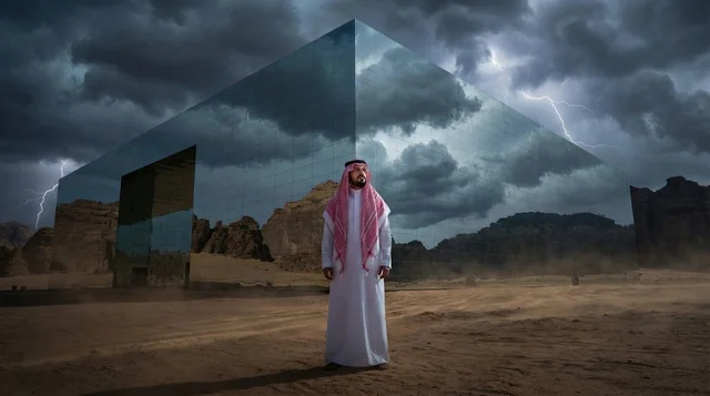 Saudi Man at Mirrored Pyramid in Stormy Desert