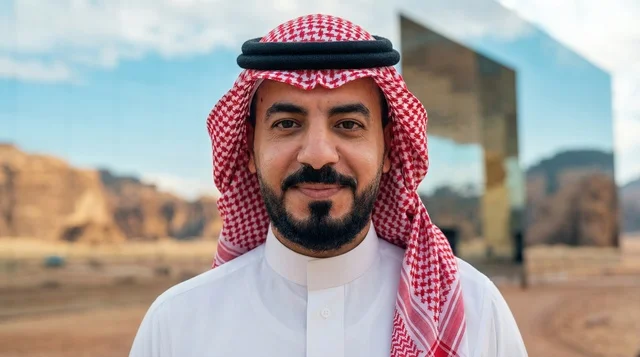 رجل سعودي بالزي التقليدي أمام مبنى مرايا في العلا