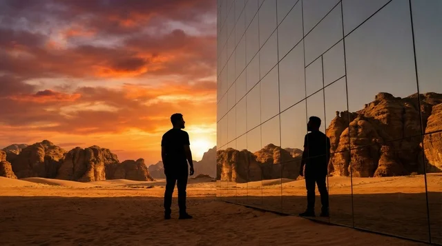 Man at Maraya Concert Hall AlUla Sunset Reflection