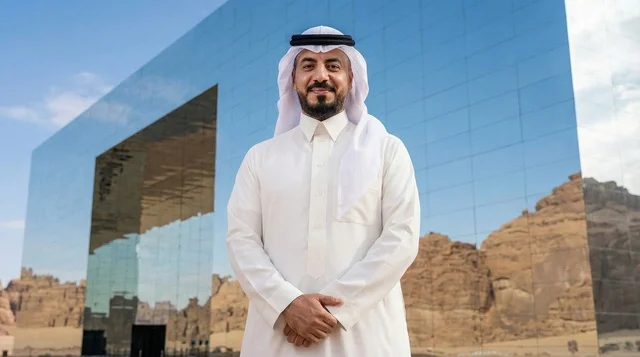 A Saudi man in front of the Mirror Hall in Al-Ula at sunset.