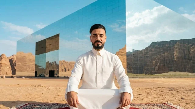 رجل سعودي يرتدي الثوب أمام مبنى مرايا في صحراء العلا