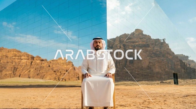 رجل سعودي أمام قاعة مرايا في العلا وقت الغروب