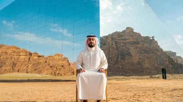 A Saudi man in front of the Mirror Hall in Al-Ula at sunset.