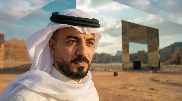 رجل سعودي أمام مبنى مرايا في العلا