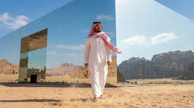 رجل سعودي يرتدي الزي التقليدي أمام قاعة مرايا في العلا رجل سعودي يرتدي الزي التقليدي أمام قاعة مرايا في العلا