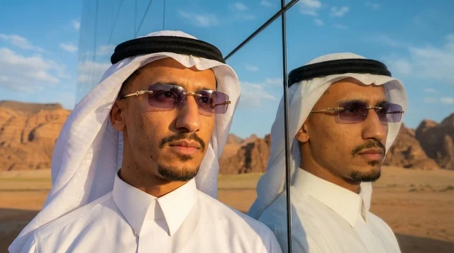 رجل سعودي عند مبنى مرايا في العلا