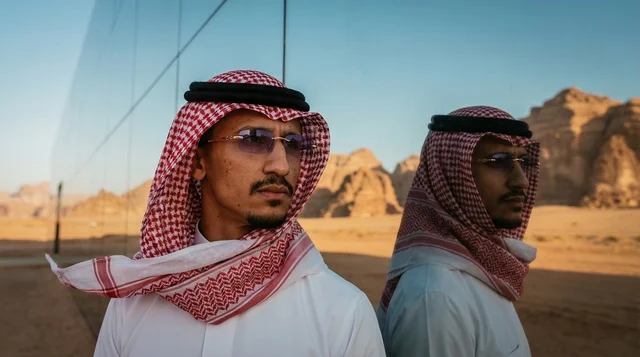 رجال سعوديون بالزي التقليدي في صحراء العلا