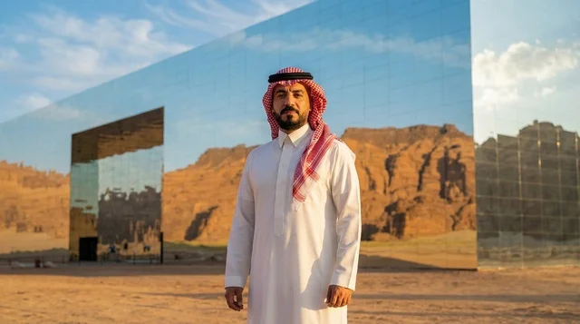 رجل سعودي أمام قاعة مرايا في صحراء العلا