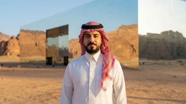 Saudi Man at Maraya Concert Hall AlUla Desert Landscape
