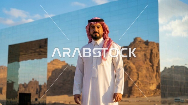رجل سعودي بالزي التقليدي في مبنى مرايا العلا