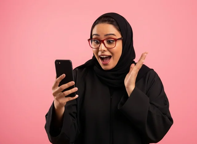 امرأة سعودية متحمسة مع هاتف ذكي وخلفية وردية