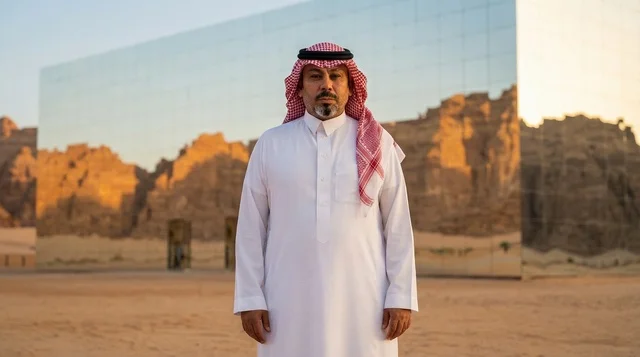 رجل سعودي أمام مبنى مرايا في العلا وقت الغروب